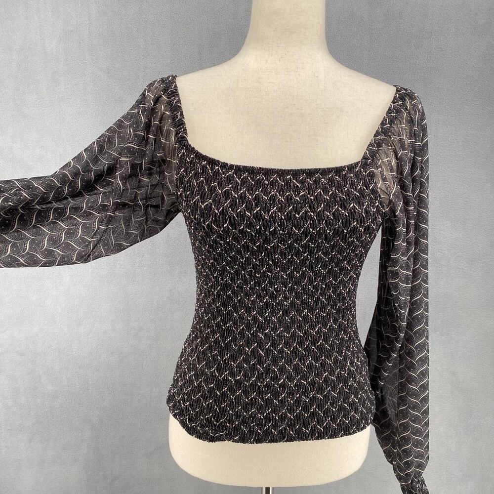Anthropologie Rouen Smocked Sheer Balloon Sleeve Top Womens Small Black White